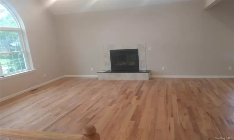 Unfurnished living room with a wealth of natural light, wood-type flooring, a high end fireplace, and lofted ceiling