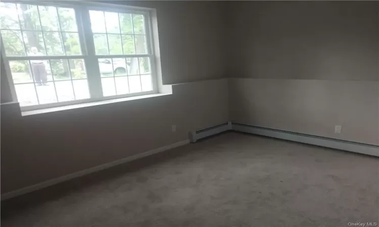 Carpeted spare room featuring a healthy amount of sunlight and baseboard heating