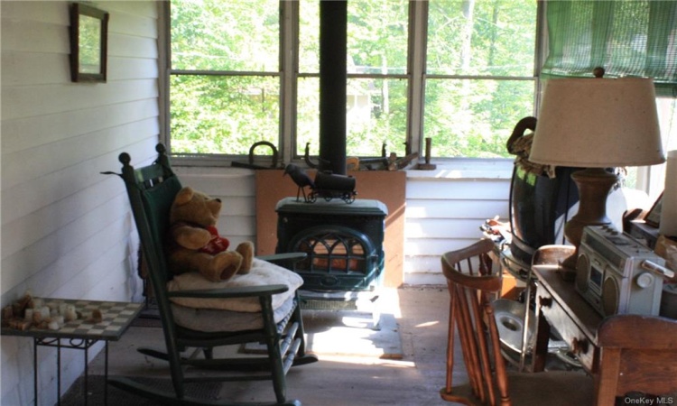 porch with wood stove