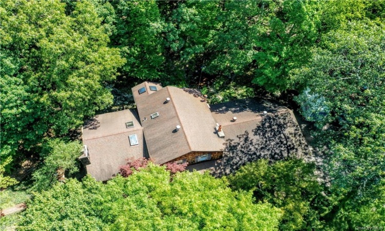 Aerial view of home showing roof lines and skylights.