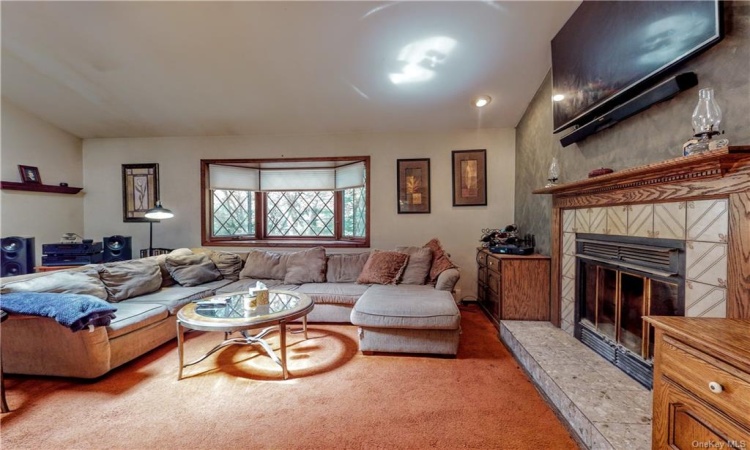 Living/family room with woodburning fireplace.