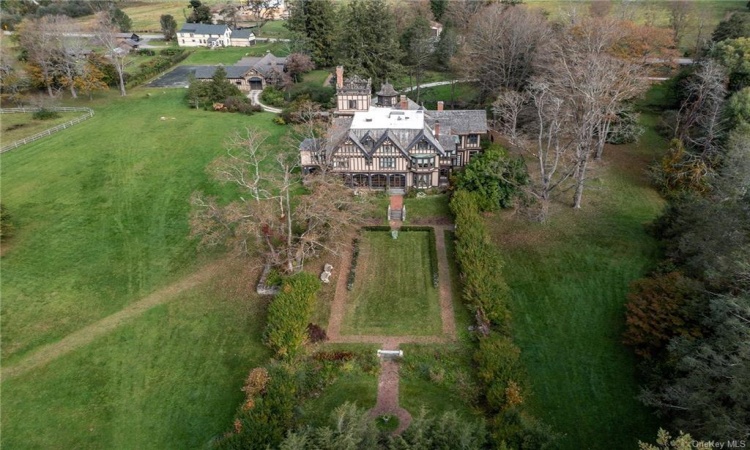 Vew of rear of house, carriage house and caretaker homes