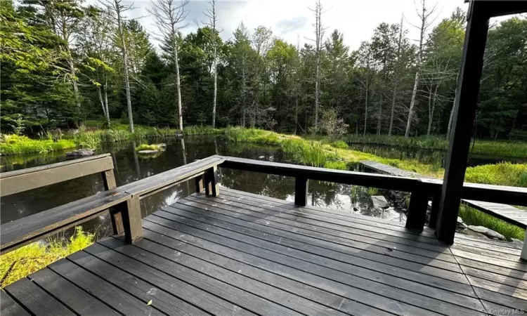 Wooden deck with a boat dock and a water view