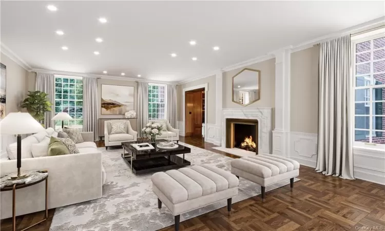 Gracious Living Room with Woodburning Fireplace and 9' Ceiling. Virtually Staged.