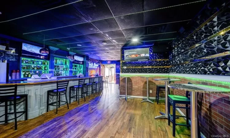 Rec room featuring bar area, hardwood / wood-style flooring, and a drop ceiling