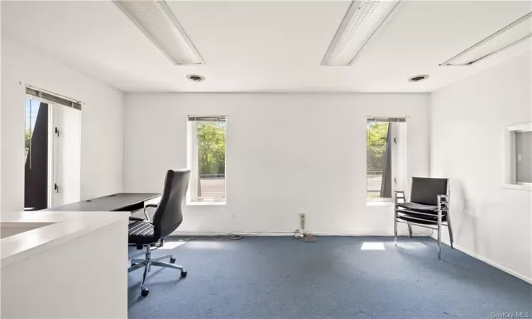 Carpeted office space with plenty of natural light