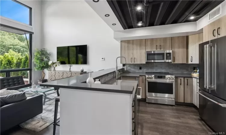 Kitchen featuring dark hardwood / wood-style flooring, backsplash, a breakfast bar area, appliances with stainless steel finishes, and sink