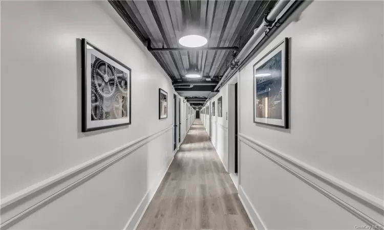 Hallway with light hardwood / wood-style flooring