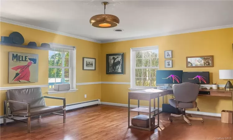 Office space with a wealth of natural light, wood-type flooring, and ornamental molding