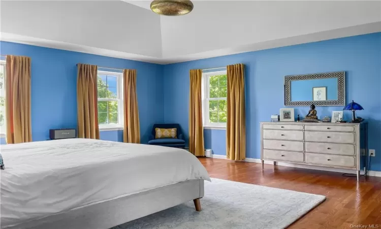 Bedroom with vaulted ceiling, hardwood / wood-style floors, and a baseboard heating unit