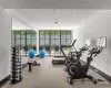 Workout area featuring carpet and a wall of windows