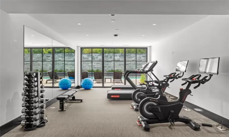 Workout area featuring carpet and a wall of windows