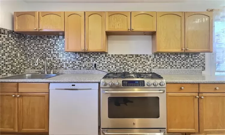 Kitchen featuring high end stainless steel range oven, sink, white dishwasher, and backsplash