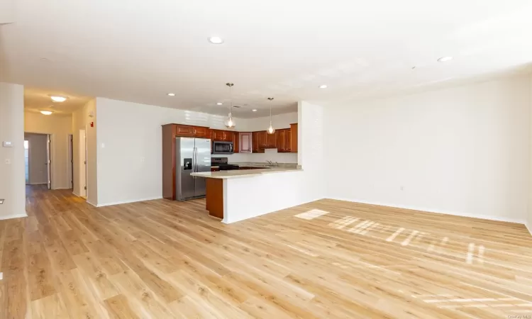 Kitchen featuring kitchen peninsula, pendant lighting, light hardwood / wood-style floors, and appliances with stainless steel finishes