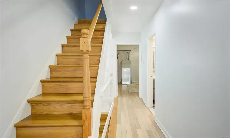 Staircase with hardwood / wood-style floors