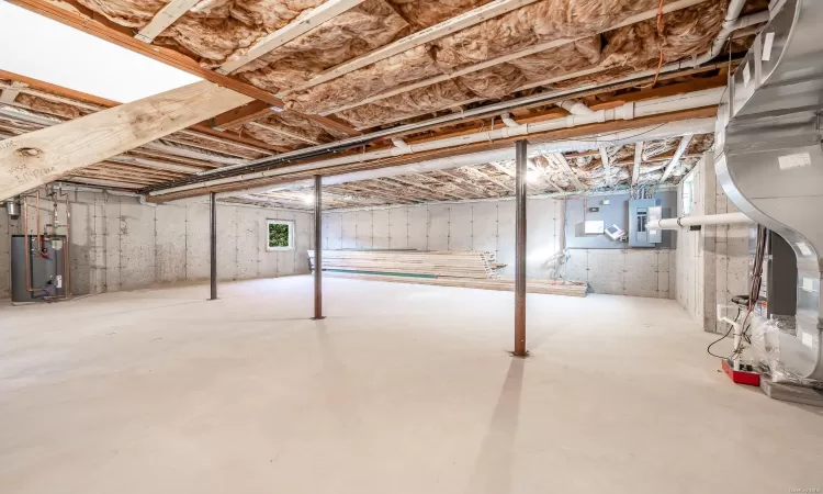 Basement with electric panel and gas water heater