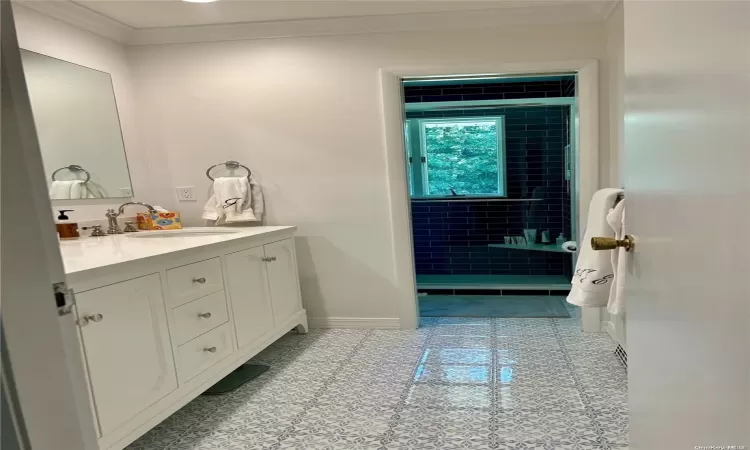 Bathroom featuring a healthy amount of sunlight, vanity, radiator, and crown molding