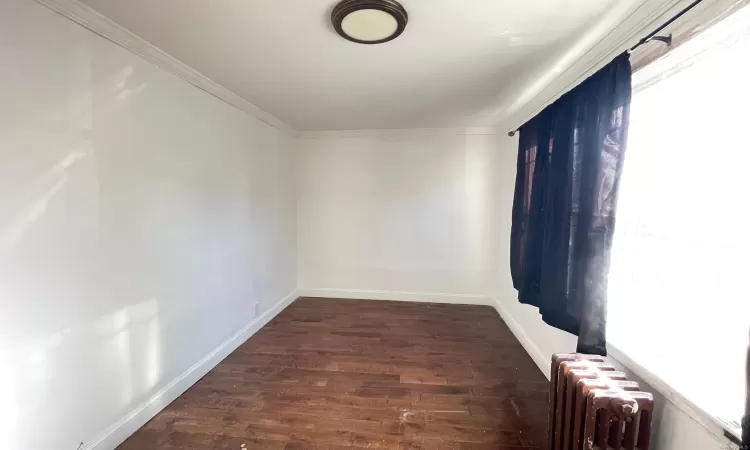 Unfurnished room featuring ornamental molding, dark wood-type flooring, and radiator