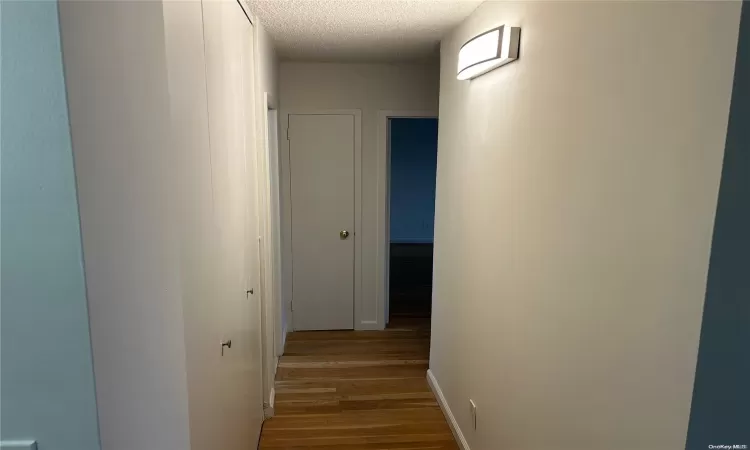 Unfurnished bedroom featuring a closet, a textured ceiling, and light hardwood / wood-style flooring