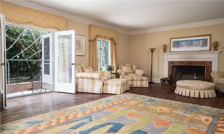 Living room featuring ornamental molding, dark hardwood / wood-style floors, and a premium fireplace