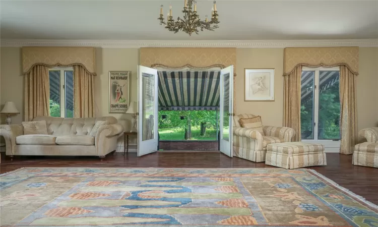 Living room with dark hardwood / wood-style floors, a wealth of natural light, and crown molding