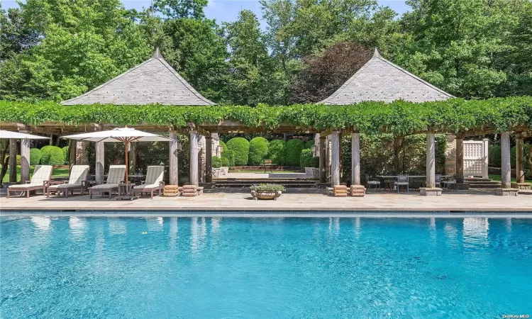 Two Cabanas with Dining Patio Set Under a Wisteria Covered Arbor