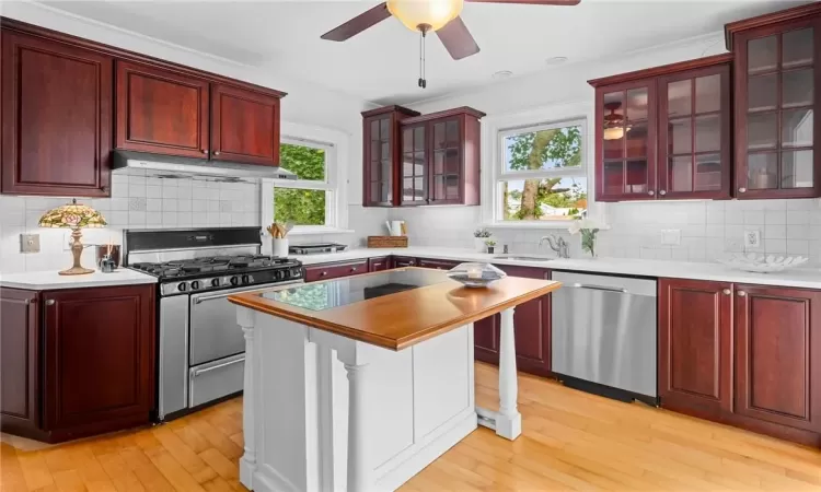 Kitchen with backsplash, stainless steel appliances, and light hardwood / wood-style flooring