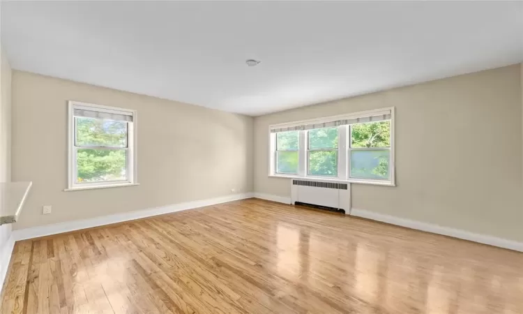 Spare room with a healthy amount of sunlight, radiator, and light wood-type flooring