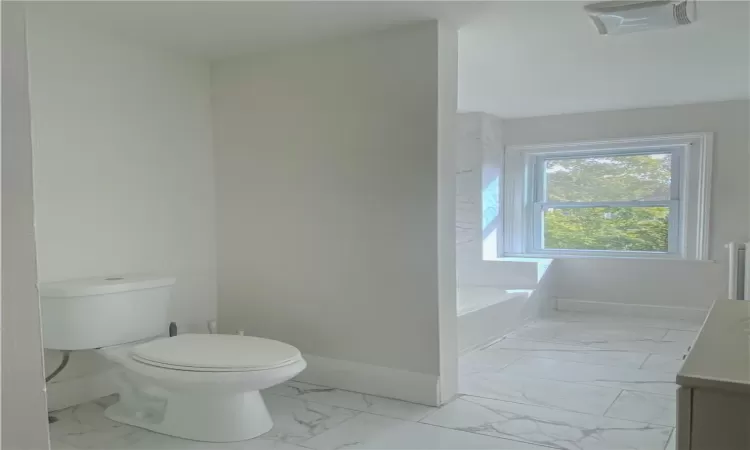 Bathroom featuring a bathing tub, vanity, and toilet