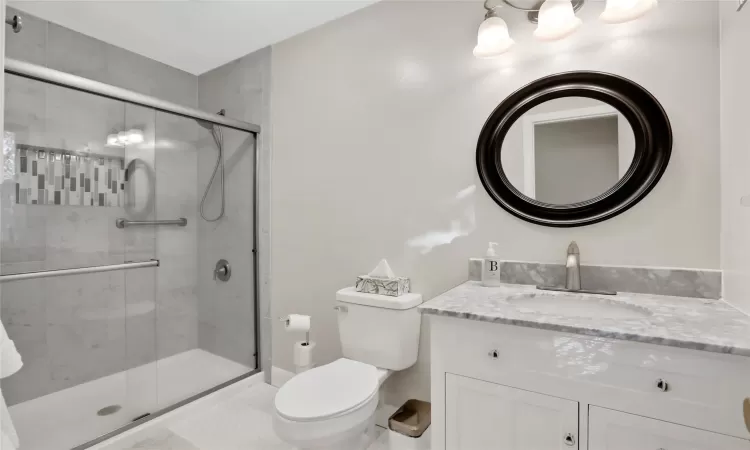 Bathroom with vanity, toilet, and a shower with door