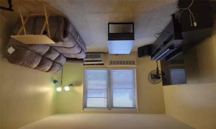 Carpeted living room with radiator and a wall mounted AC