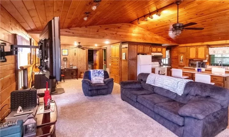 Carpeted living room with lofted ceiling, ceiling fan, wooden ceiling, and plenty of natural light