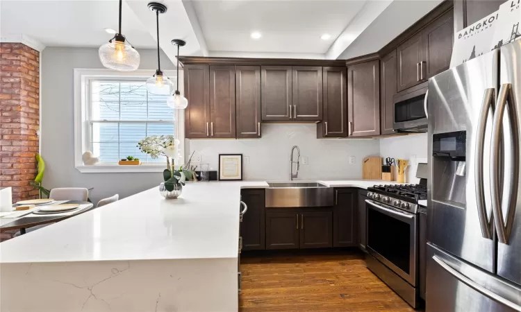 Kitchen featuring stainless steel appliances, sink, hanging light fixtures, dark brown cabinets, and dark hardwood / wood-style flooring