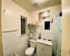 Bathroom with toilet, curtained shower, vanity, and tasteful backsplash