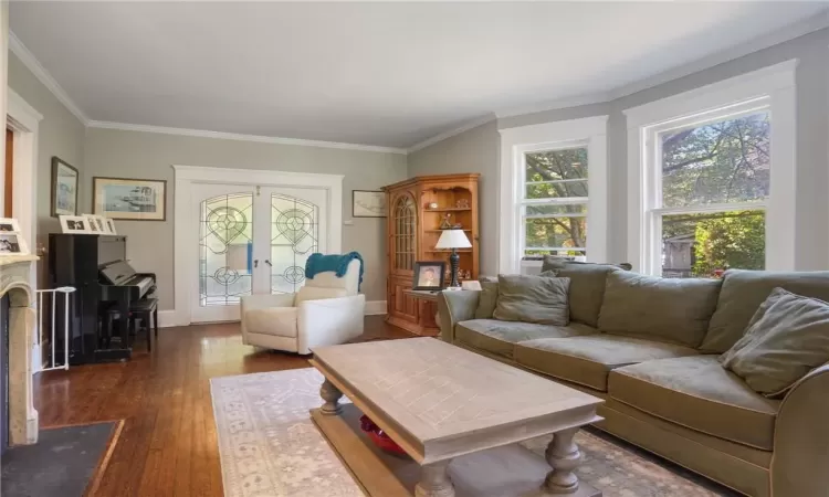 Living room with french doors, crown molding, and dark hardwood / wood-style flooring