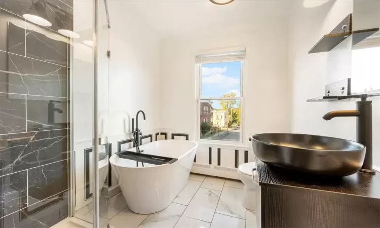 Bathroom featuring  vanity, a bath, and toilet