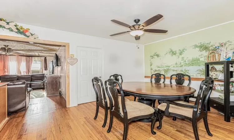 Dining room featuring ornamental molding, light hardwood / wood-style flooring, and ceiling fan