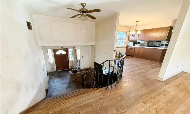 Foyer entrance with light hardwood / wood-style floors, ceiling fan with notable chandelier, and plenty of natural light