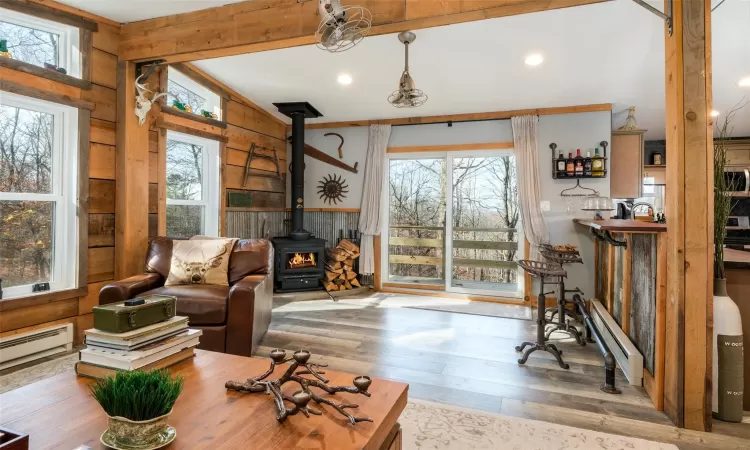 View from living room onto covered porch.