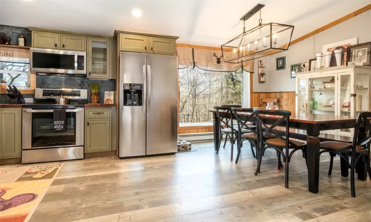 Kitchen featuring green cabinets, a wealth of natural light, hanging light fixtures, and appliances with stainless steel finishes