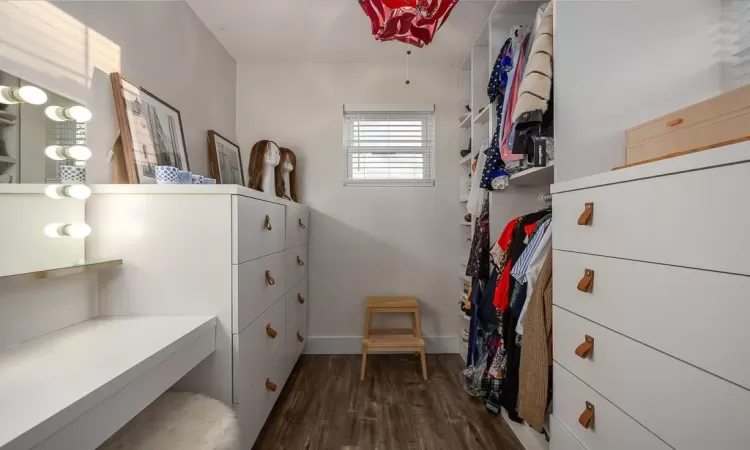 Spacious closet with dark wood-type flooring