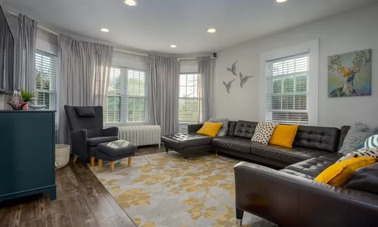 Living room featuring radiator heating unit and wood-type flooring