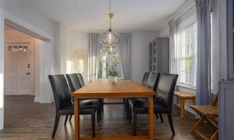 Dining room with dark hardwood / wood-style flooring