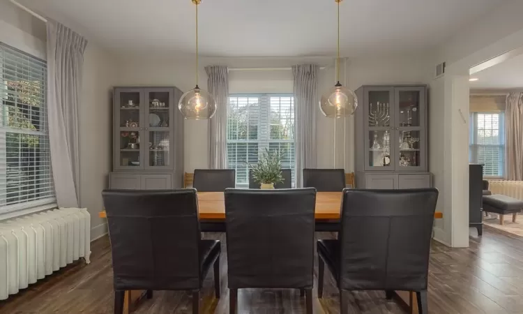 Dining room with dark hardwood / wood-style floors and radiator heating unit