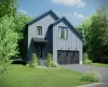 Modern inspired farmhouse with a garage and a front lawn