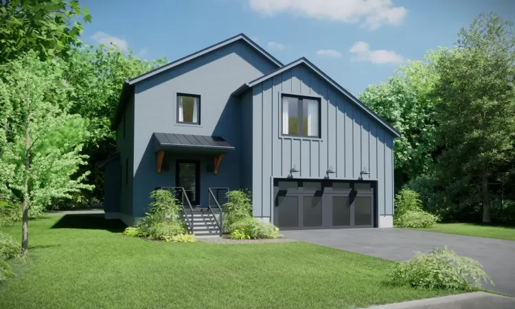 Modern inspired farmhouse with a garage and a front lawn