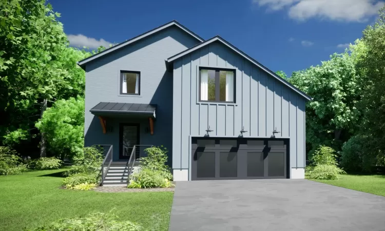 Modern farmhouse style home with a garage and a front lawn