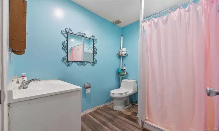 Bathroom featuring curtained shower, hardwood / wood-style floors, vanity, and toilet