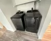 Laundry room featuring separate washer and dryer and light hardwood / wood-style flooring