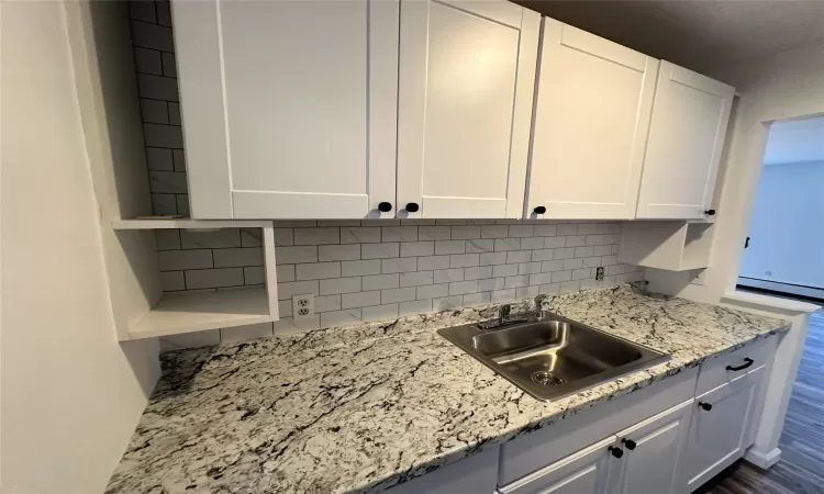 Kitchen featuring decorative backsplash, white cabinetry, sink, and dark hardwood / wood-style floors